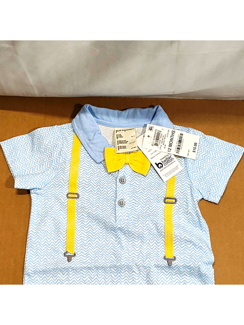 First Impressions Boys Cotton Chevron Polo Button-Up Romper W/Bow 12-18M